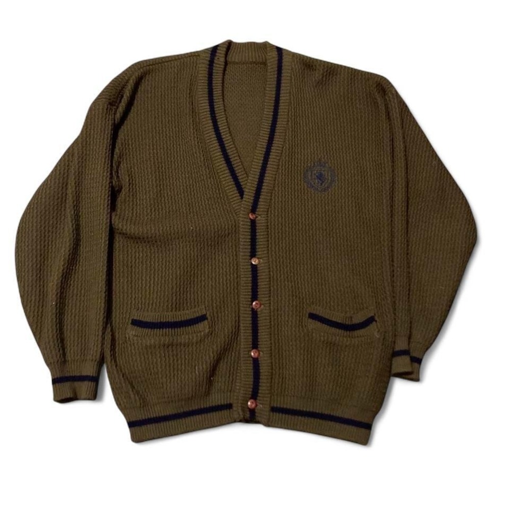 Vintage olive textured knit cardigan crest wood buttons preppy L/24